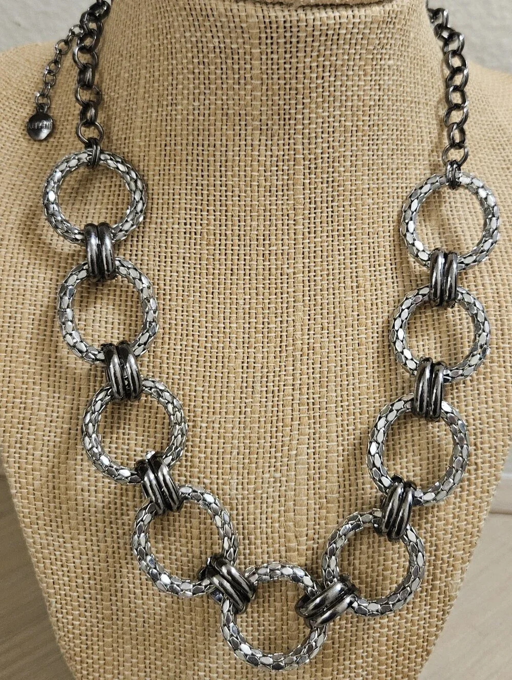 Alfani Necklace Silver Black Gunmetal Woven Loop Circle Links Modern Chain